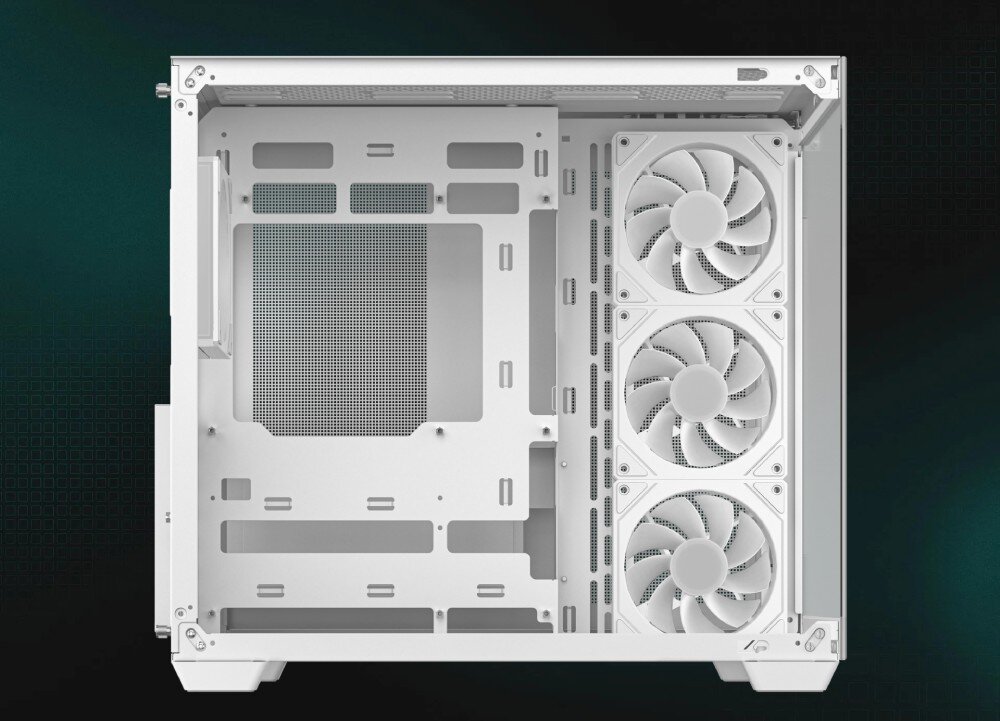 Obudowa DEEPCOOL CG530 4F Pusty widok z boku na wnętrze obudowy komputerowej typu Middle Tower, pokazujący tackę na płytę główną oraz trzy jasne, niepodświetlone wentylatory na bocznej ścianie