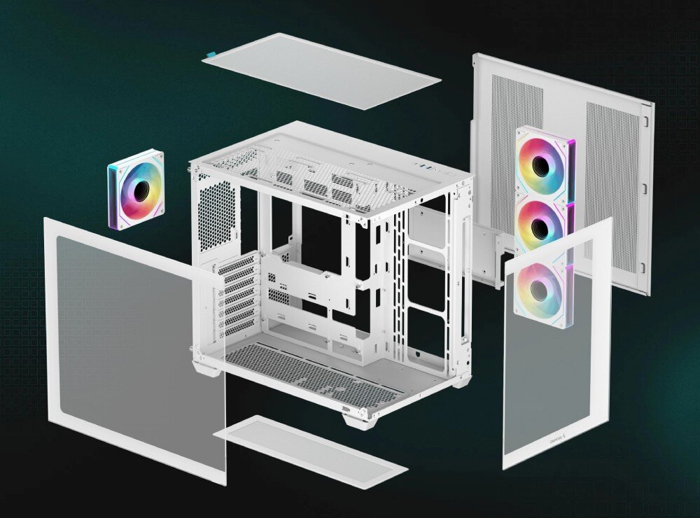 Obudowa DEEPCOOL CG530 4F Widok na rozłożoną na części obudowę komputerową Middle Tower na ciemnym tle, pokazujący oddzielone panele: boczny szklany, przedni szklany, boczny pełny, górny filtr magnetyczny oraz cztery tęczowo podświetlone wentylatory i szkielet obudowy