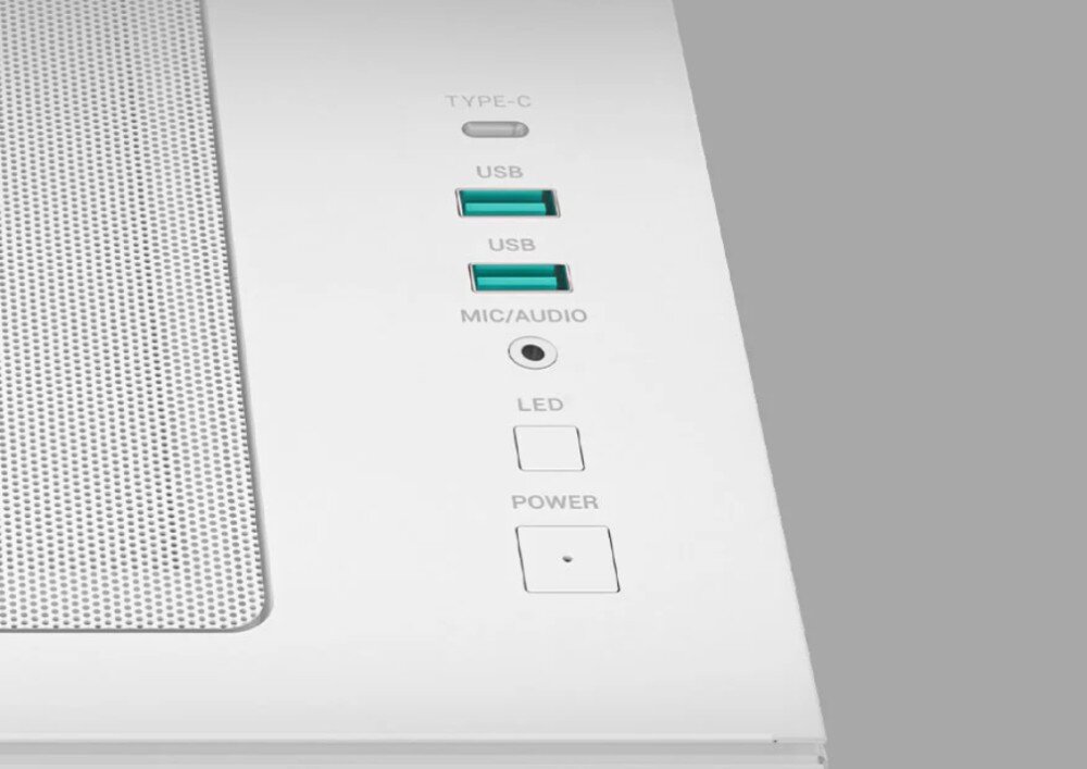 Obudowa DEEPCOOL CG530 4F Zbliżenie na panel złącz i przycisków obudowy, pokazujące od góry: port USB Typu C, dwa porty USB, gniazdo audio 2-w-1, kwadratowy przycisk sterowania podświetleniem 'LED' i większy kwadratowy przycisk 'POWER', z jasnymi napisami identyfikującymi