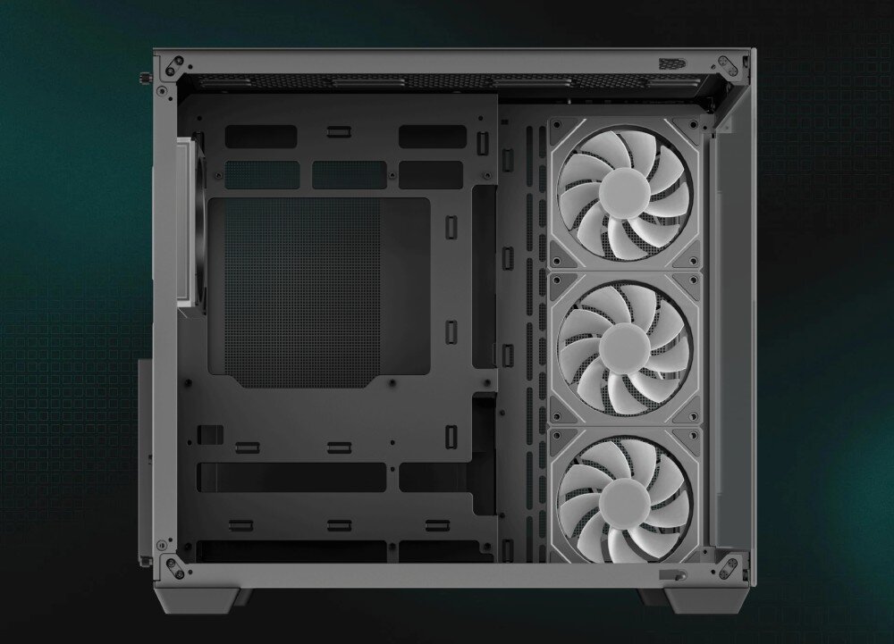 Obudowa DEEPCOOL CG530 4F Pusty widok z boku na wnętrze czarnej obudowy komputerowej typu Middle Tower, pokazujący tackę na płytę główną oraz trzy jasne, niepodświetlone wentylatory na bocznej ścianie