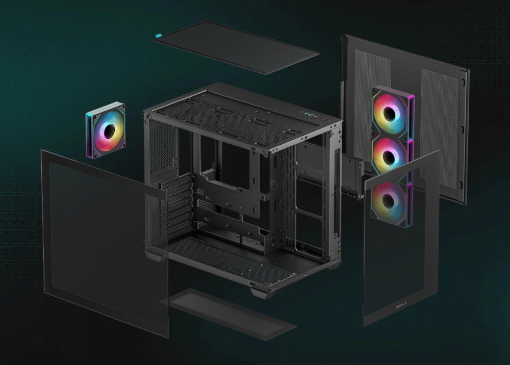 Obudowa DEEPCOOL CG530 4F Widok na rozłożoną na części czarną obudowę komputerową Middle Tower na ciemnym tle, pokazujący oddzielone panele: boczny szklany, przedni szklany, boczny pełny, górny filtr magnetyczny oraz cztery tęczowo podświetlone wentylatory i szkielet obudowy