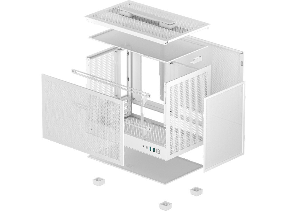 Obudowa DEEPCOOL CH160 Mesh Grafika przedstawiająca rozłożoną na części obudowę komputerową, pokazująca oddzielnie metalowy szkielet oraz zdejmowane panele z siatki
