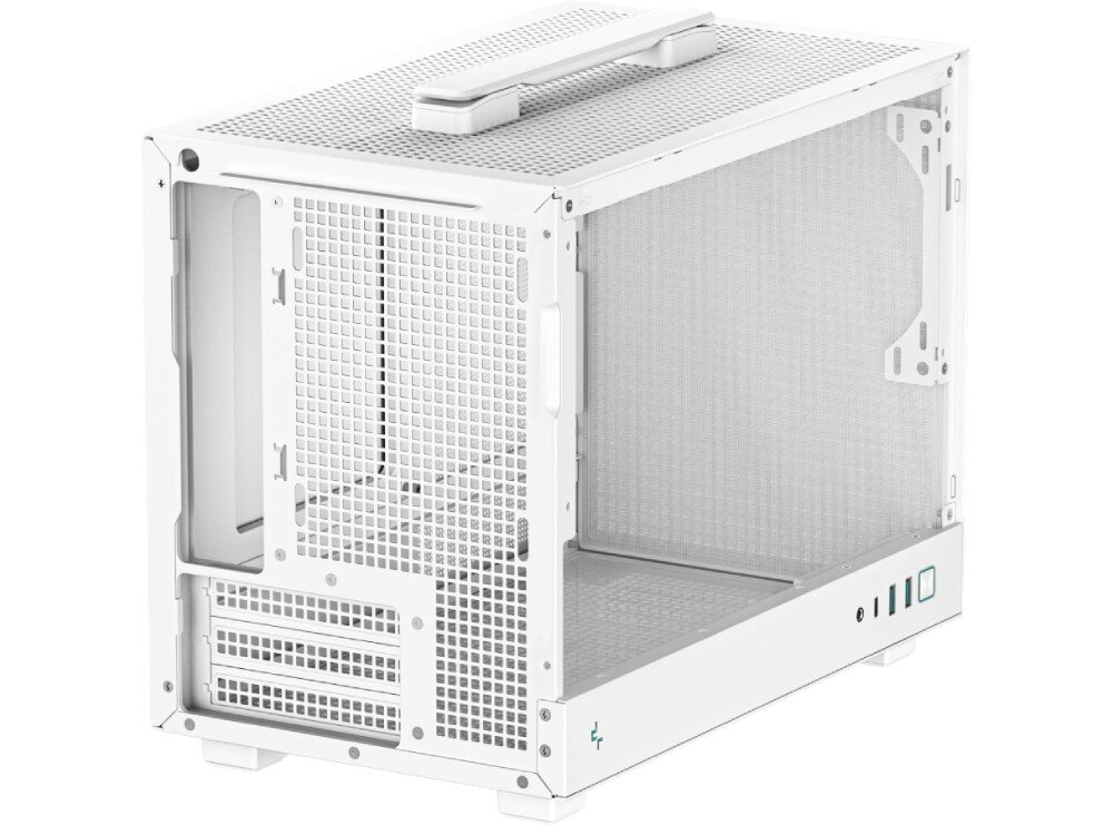 Obudowa DEEPCOOL CH160 Mesh Tył i prawy bok białej obudowy komputerowej, ukazujący dużą powierzchnię wentylacyjną oraz otwory na karty rozszerzeń i zasilacz