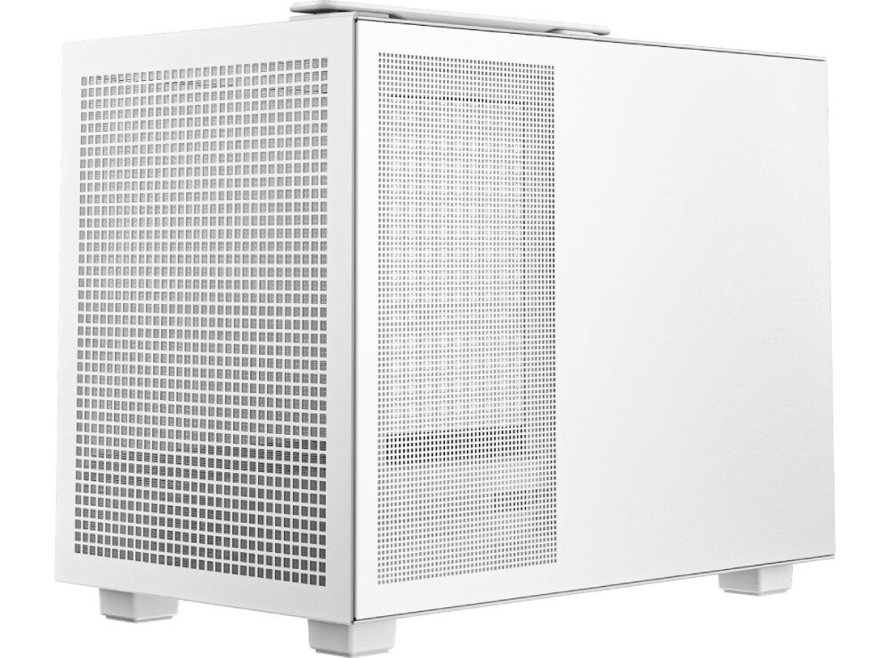 Obudowa DEEPCOOL CH160 Mesh Biała obudowa komputerowa widoczna z profilu, prezentująca boczny panel wykonany w większości z przewiewnej siatki