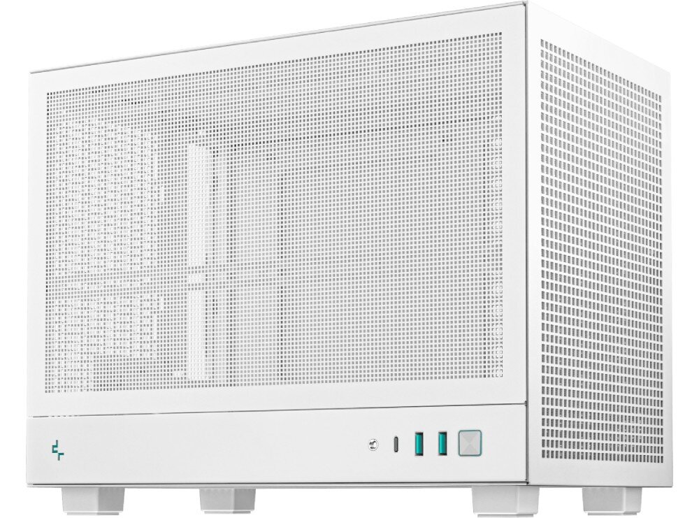 Obudowa DEEPCOOL CH160 Mesh Biała prostopadłościenna obudowa komputera z panelami z siatki mesh, widoczna od przodu i lewej strony, z portami USB i przyciskiem zasilania na dole