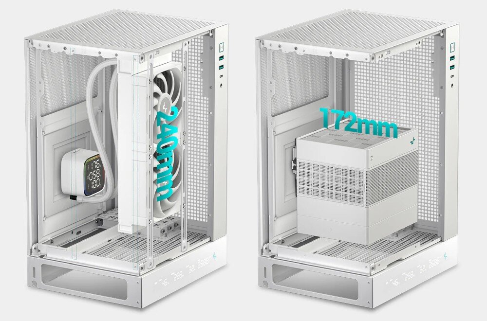 Obudowa DEEPCOOL CH170 Digital Zestawienie dwóch grafik pokazujących zamontowane chłodzenie wodne z radiatorem 240 mm oraz chłodzenie powietrzne o wysokości 172 mm
