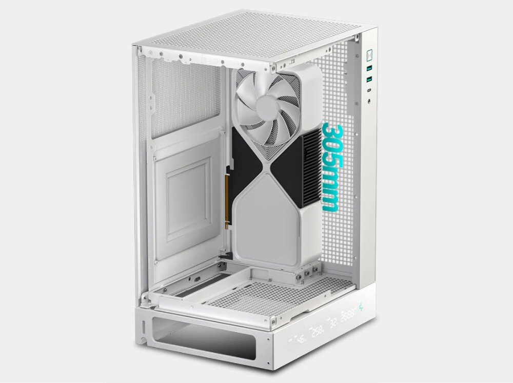 Obudowa DEEPCOOL CH170 Digital Widok wnętrza obudowy z zamontowaną kartą graficzną i turkusowym napisem wskazującym jej maksymalną długość 305 mm