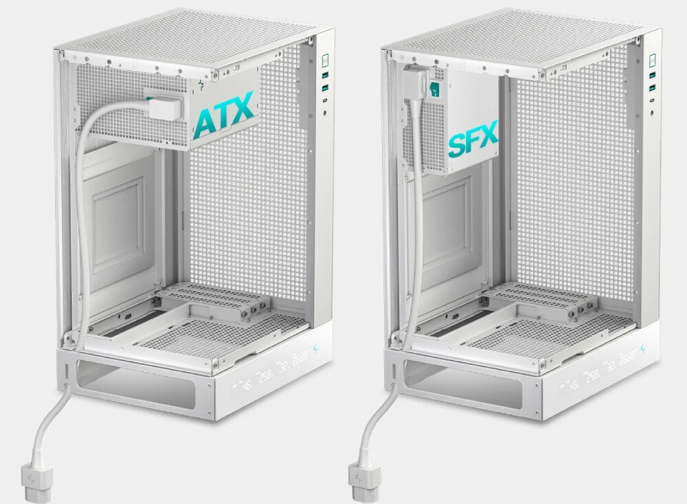 Obudowa DEEPCOOL CH170 Digital Dwie wizualizacje wnętrza obudowy porównujące ilość miejsca zajmowanego przez zasilacz w standardzie ATX oraz mniejszy zasilacz SFX