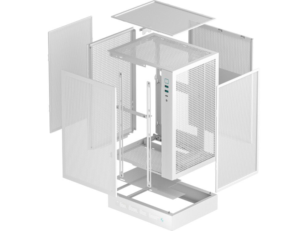 Obudowa DEEPCOOL CH170 Digital Grafika typu exploded view prezentująca rozłożoną obudowę z widocznymi oddzielnie panelami, filtrami i ramą