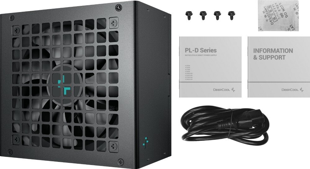 Zasilacz DEEPCOOL PL550D Zestaw sprzedażowy zawierający zasilacz, instrukcję obsługi z napisem 'PL-D Series', cztery śrubki montażowe, przewód zasilający oraz pochłaniacz wilgoci