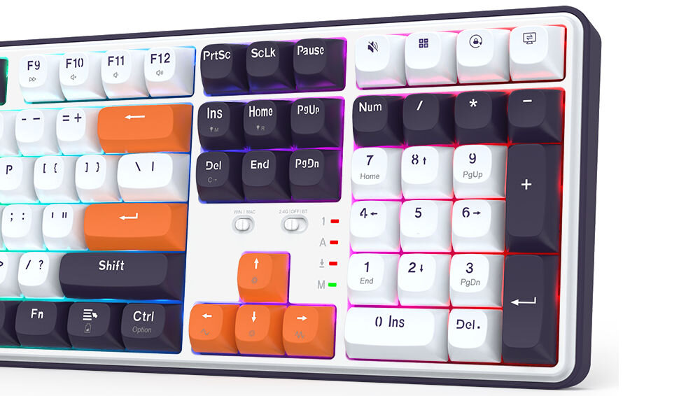 Klawiatura K689WBO-RGB-PRO Wyvern
cztery dodatkowe klawisze skrótów, możliwość szybkiego wyciszania dźwięku, otworzenia kalkulatora,
zablokowania systemu oraz przełączania się między otwartymi oknami, produkt na białym tle, widoczne klawisze skrótów
