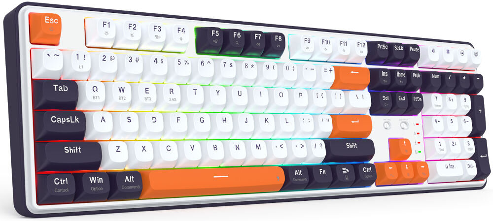 Klawiatura K689WBO-RGB-PRO Wyvern szybka wymiana przełączników, dzięki funkcji hot-swap,
swoboda personalizacji, obsługa przełączników 3-pinowych i 5-pinowych, produkt na białym tle