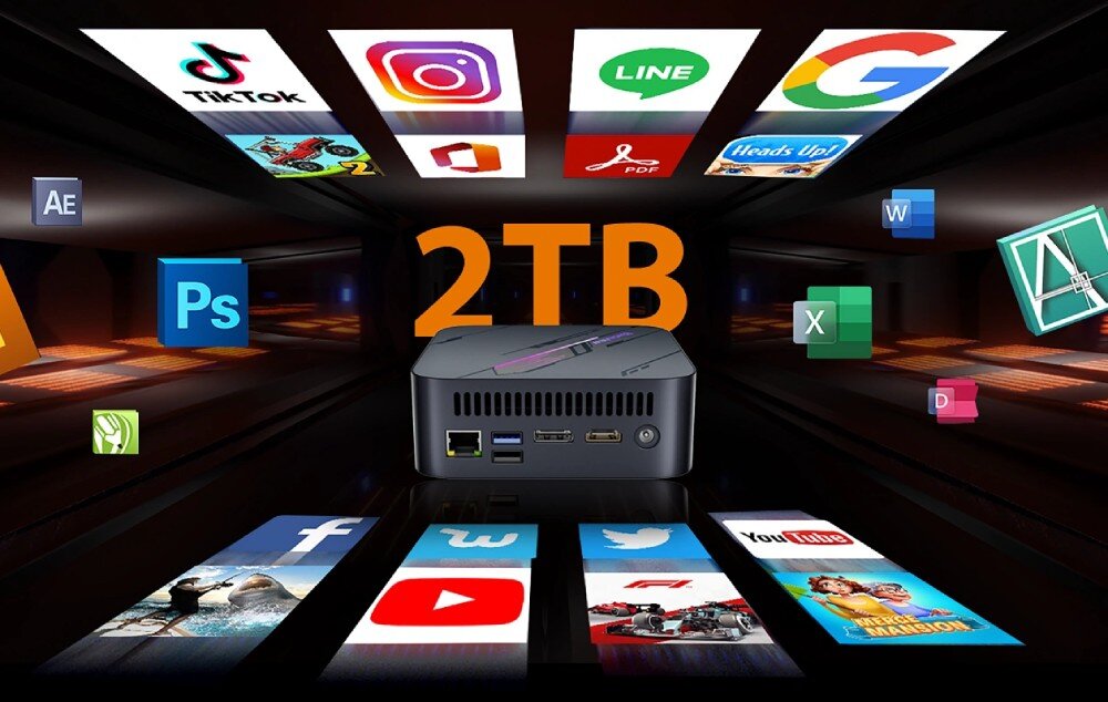 Komputer BLACKVIEW MP100 Komputer mini widziany od przodu z napisem '2TB' nad nim, otoczony ikonami popularnych aplikacji jak TikTok, Instagram, YouTube i Facebook, dysk, pojemność