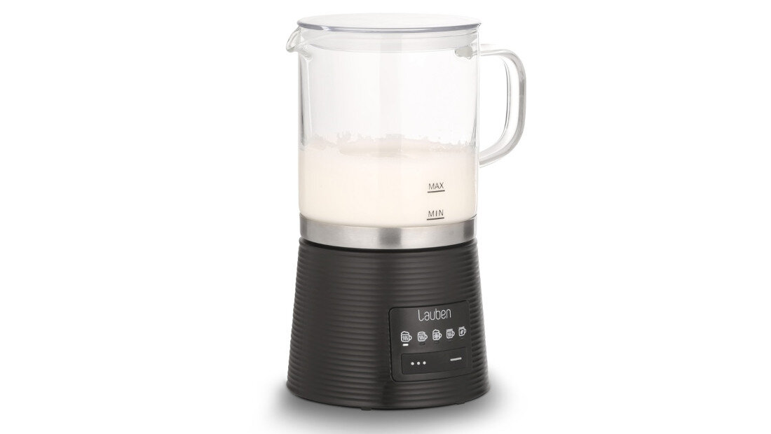 Spieniacz do mleka LAUBEN Glass Milk Frother 600BG Praktyczne detale konstrukcyjne Obrotowa podstawa 360° mleko pojemność dostosowanie Estetyczny design Połączenie szkła i metalu wygoda komfort wymiary