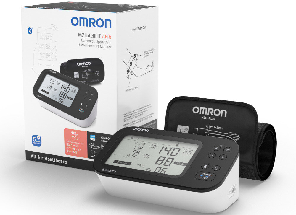Ciśnieniomierz OMRON M7 Intelli IT Afib Wygodny pomiar bez stresu szybki i komfortowy pomiar Automatyczne pompowanie mankietu Technologia Intelli Wrap 360°