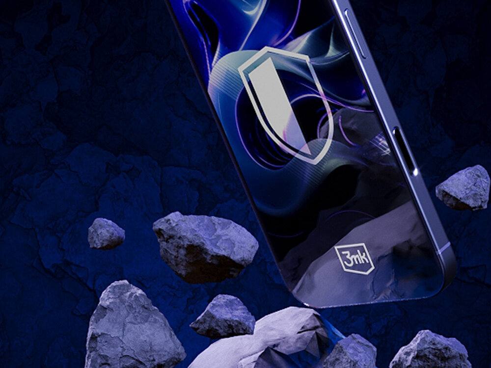 3MK FlexibleGlass cienkie szkło hybrydowe 0,3 mm zarysowaniami i pęknięciem gładkiej, szklanej powierzchni - smartfon w pobliżu kamieni