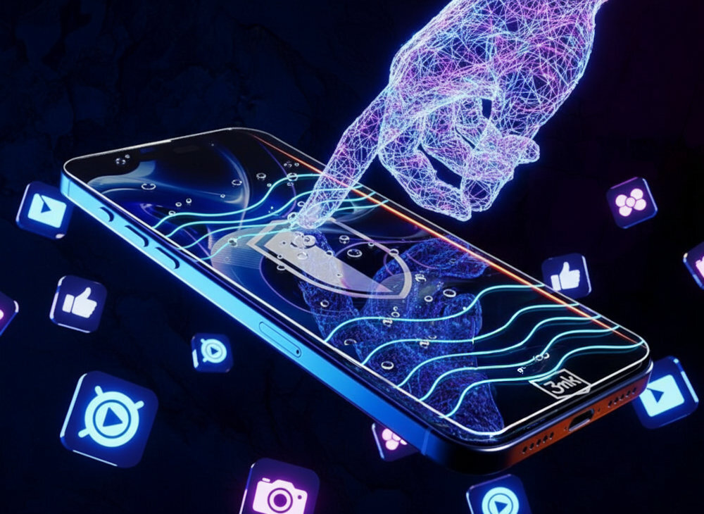 3MK FlexibleGlass hybryda fanów gier mobilnych osób aktywnych w mediach społecznościowych warstwy oleofobowej w strukturze odporny na tłuste plamy - szkło na ekranie dotykane przez wyświetlony model ręki