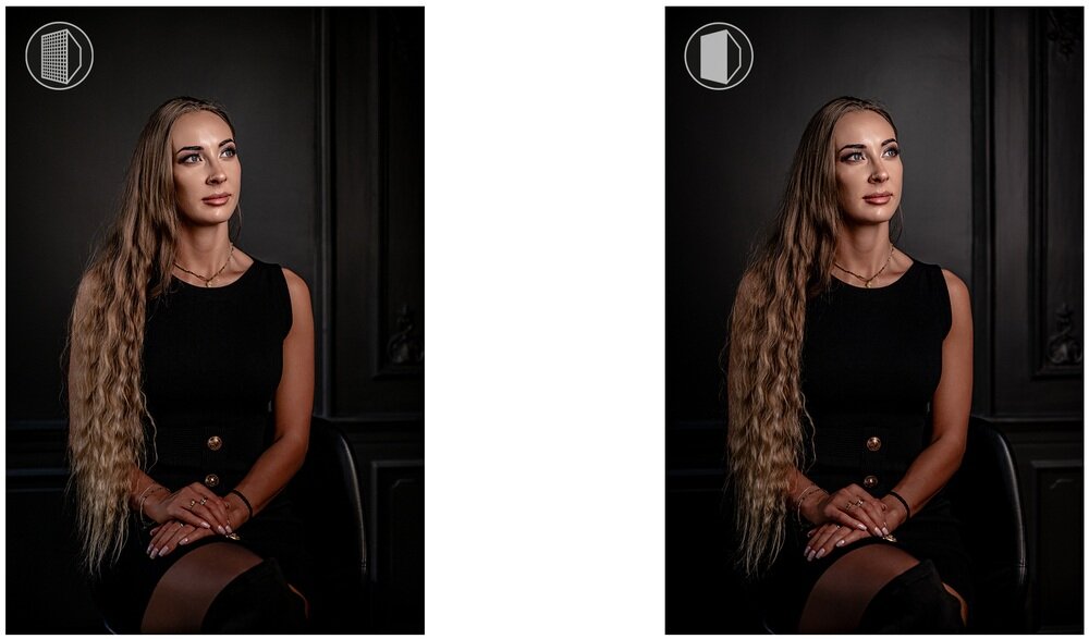 Porównanie efektu oświetlenia portretu kobiety z użyciem softboxa Newell 35×140 cm z gridem i bez grida