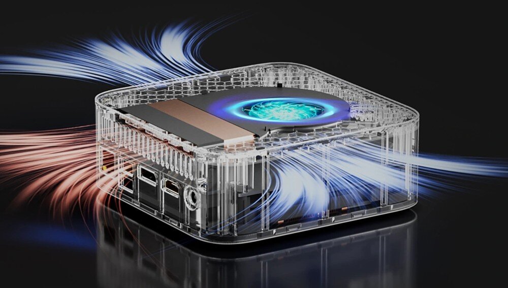 Komputer BLACKVIEW MP100 Przezroczysty model komputera mini z widocznym systemem chłodzenia, pokazujący przepływ powietrza w kolorach niebieskim i czerwonym, chłodzenie, temperatura