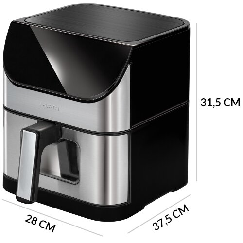 Frytkownica beztłuszczowa AirFryer MFR-10M/WI-FI z oznaczeniem poszczególnych wymiarów.