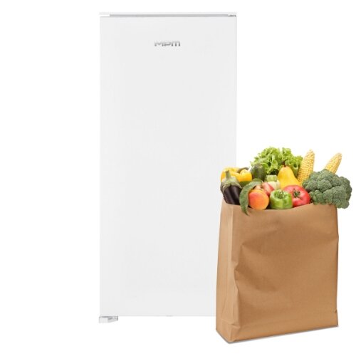 Lodówka, obok papierowa torba wypełniona owocami i warzywami.