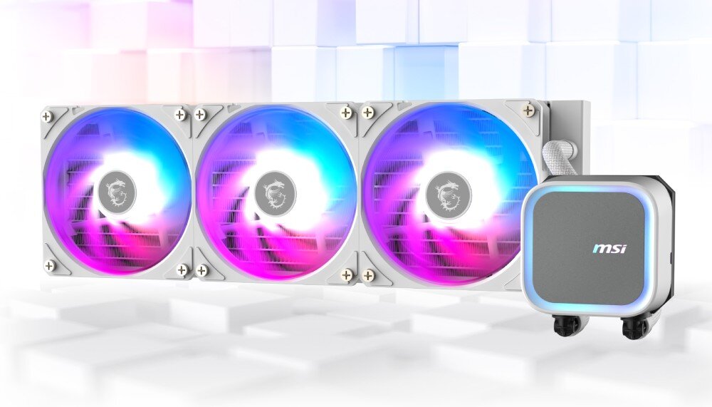 Chłodzenie wodne MSI MAG CoreLiquid A13 360 Chłodnica z trzema podświetlanymi wentylatorami i blokiem wodnym na tle graficznym, opis