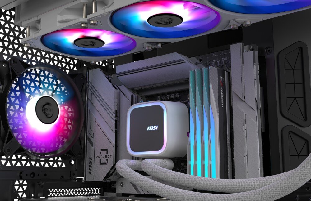 Chłodzenie wodne MSI MAG CoreLiquid A13 360 Chłodzenie wodne zamontowane wewnątrz obudowy komputera, z podświetlanymi wentylatorami i blokiem CPU, wygląd, obudowa, styl