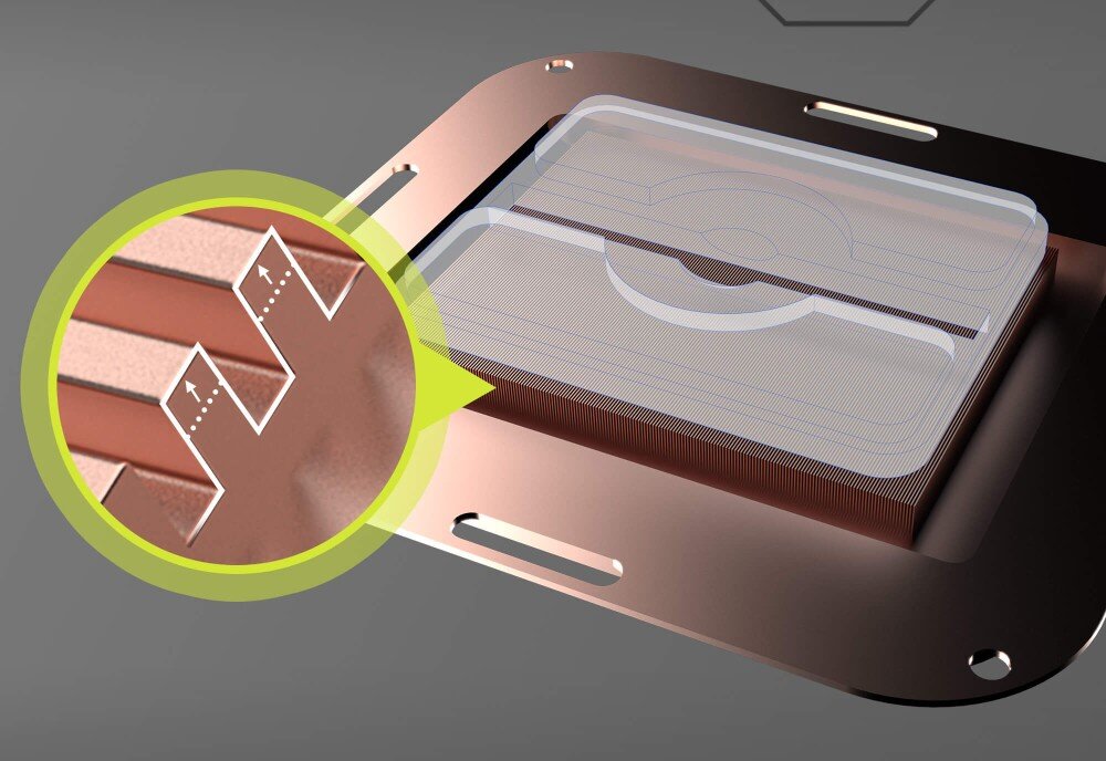 Chłodzenie wodne MSI MAG CoreLiquid A13 360 Schemat miedzianej podstawy z mikrokanalikami i powiększeniem pokazującym przepływ cieczy, miedziana płyta bazowa