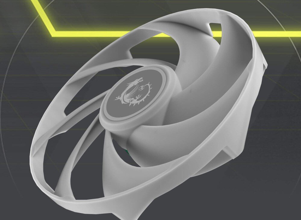 Chłodzenie wodne MSI MAG CoreLiquid A13 360 Zbliżenie na wentylator z siedmioma łopatkami i logo smoka na środku, wentylatory, regulacja prędkości