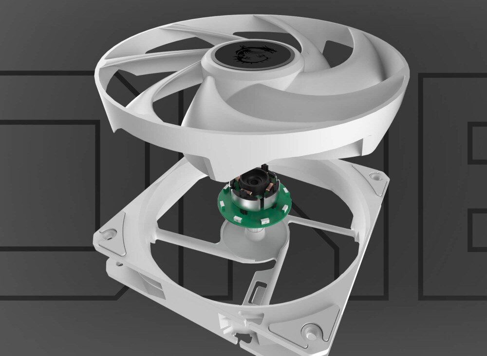 Chłodzenie wodne MSI MAG CoreLiquid A13 360 Rozłożony na części wentylator, ukazujący jego wewnętrzną budowę z łożyskiem i silnikiem, łożyska, żywotność