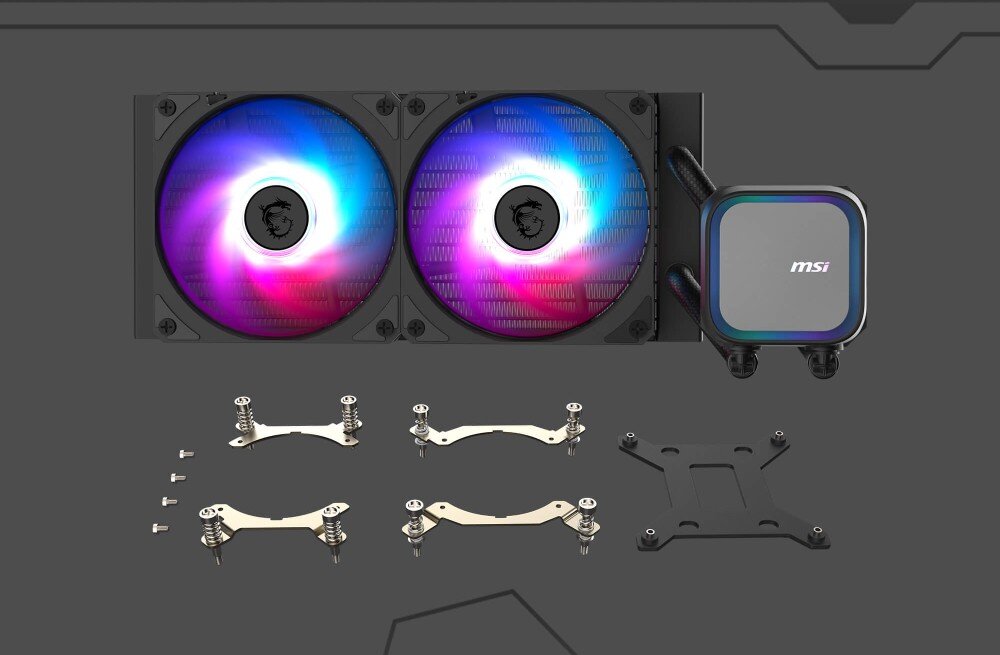 Chłodzenie wodne MSI MAG CoreLiquid A13 240 Zestaw chłodzenia cieczą składający się z radiatora, dwóch wentylatorów z podświetleniem, bloku wodnego oraz kompletu śrub i uchwytów montażowych