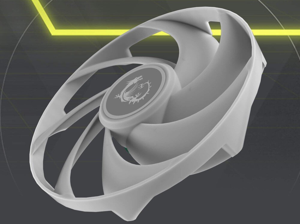 Chłodzenie wodne MSI MAG CoreLiquid A13 240 Wentylator widziany pod kątem z widocznym kształtem łopatek i centralnie umieszczonym logiem ze smokiem