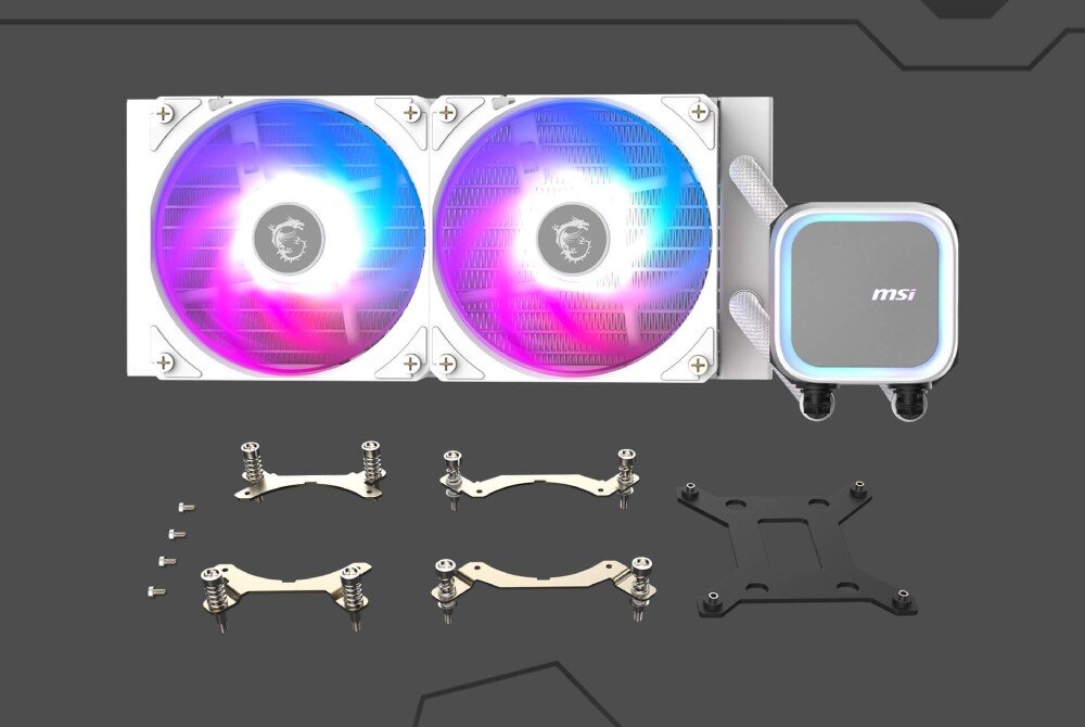 Chłodzenie wodne MSI MAG CoreLiquid A13 240 Zestaw chłodzenia cieczą składający się z radiatora, dwóch wentylatorów z podświetleniem, bloku wodnego oraz kompletu śrub i uchwytów montażowych