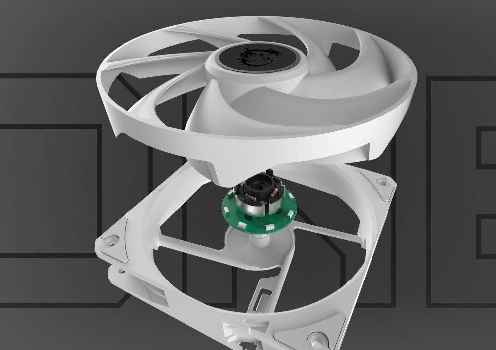 Chłodzenie wodne MSI MAG CoreLiquid A13 240 Widok rozłożonego na części wentylatora ukazujący łopatki, łożysko oraz elementy silnika wewnątrz obudowy