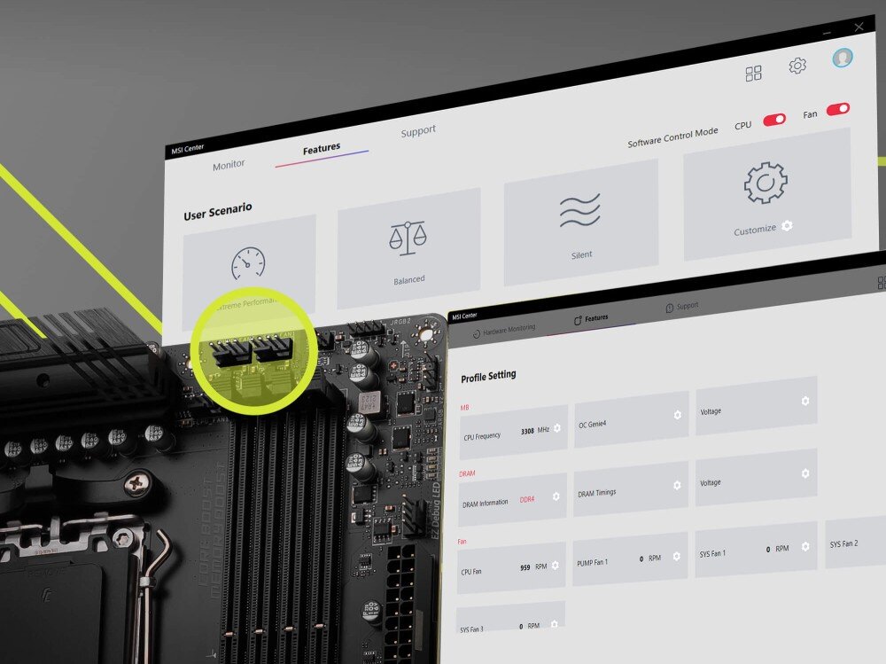 Chłodzenie wodne MSI MAG CoreLiquid A13 240 Zrzut ekranu oprogramowania do sterowania komputerem oraz zbliżenie na złącza wentylatorów umieszczone na płycie głównej