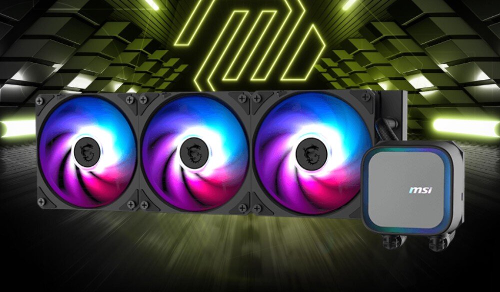 Chłodzenie wodne MSI MAG CoreLiquid A13 360 Chłodnica z trzema podświetlanymi wentylatorami i blokiem wodnym na tle graficznym, opis