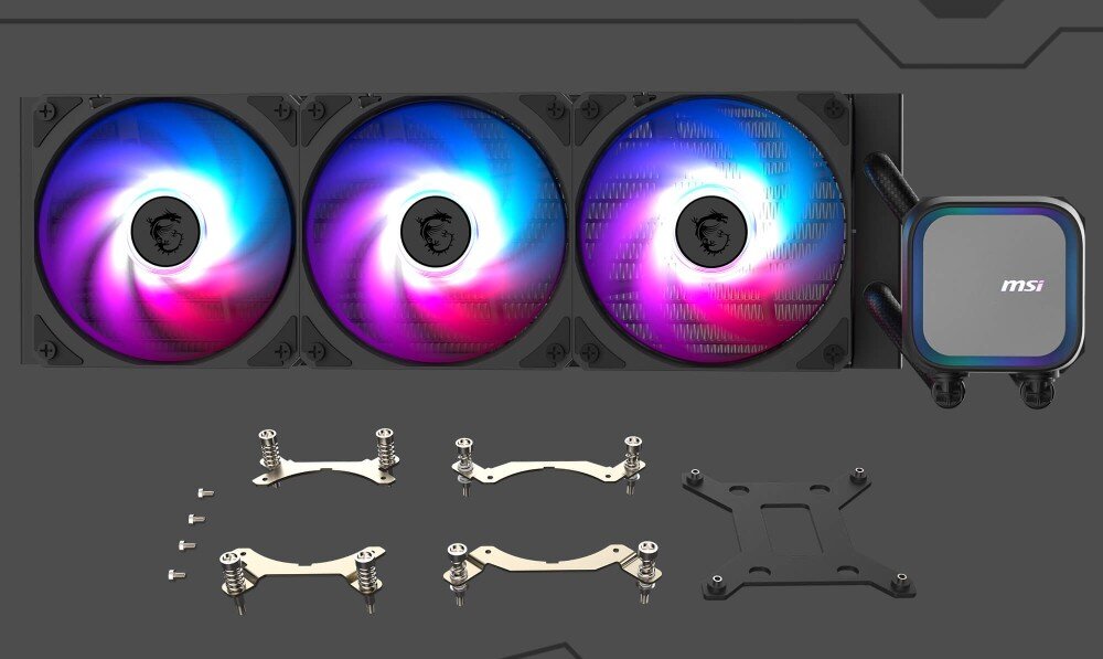 Chłodzenie wodne MSI MAG CoreLiquid A13 360 Zestaw chłodzenia wodnego z radiatorem, trzema wentylatorami, blokiem wodnym i akcesoriami montażowymi, procesory, kompatybilność, montaż