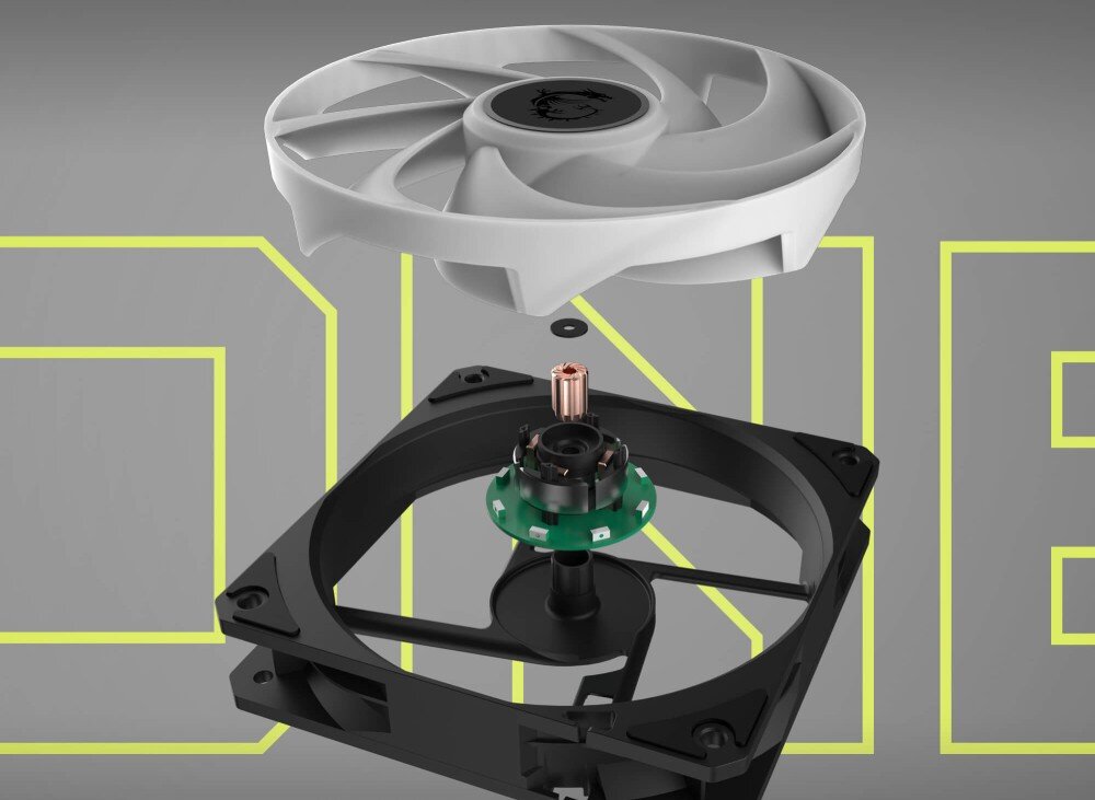 Chłodzenie wodne MSI MAG CoreLiquid A13 360 Rozłożony na części wentylator, ukazujący jego wewnętrzną budowę z łożyskiem i silnikiem, łożyska, żywotność