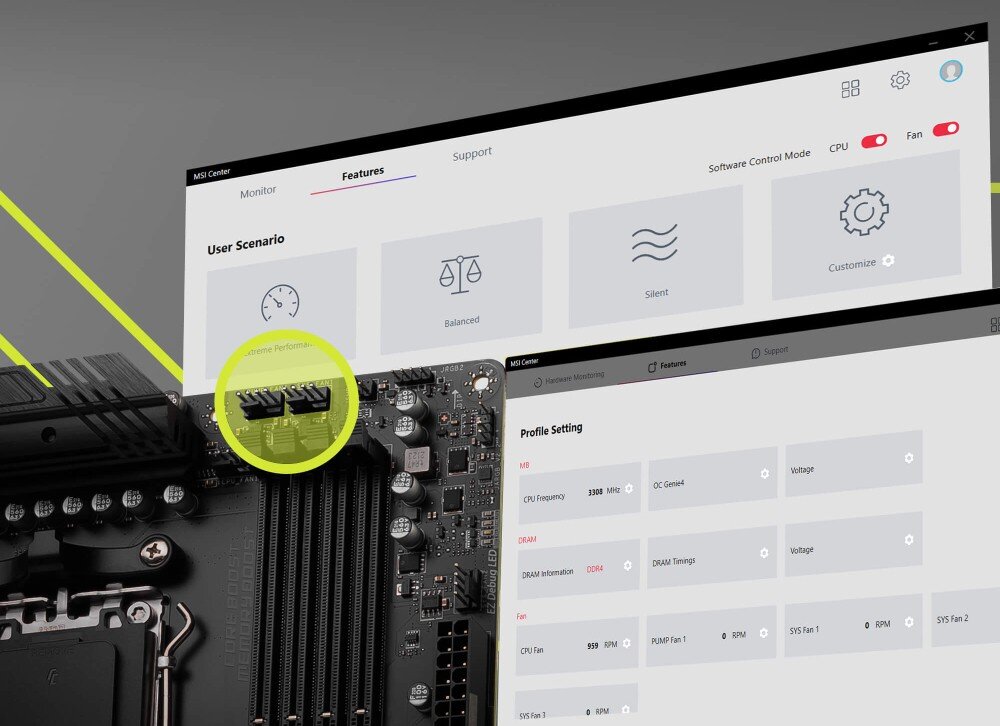 Chłodzenie wodne MSI MAG CoreLiquid A13 360 Zrzut ekranu oprogramowania 'MSI Center' do zarządzania profilami i wydajnością chłodzenia, oprogramowanie, funkcje, narzędzia