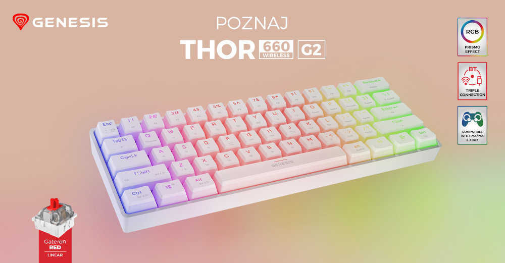 GENESIS Thor 660 G2 liniowy skok płynną i szybką reakcję progiem aktywacji 2.0 mm dystansem całkowitym 4.0 mm Siła aktywacji wynosi 45g wytrzymałością do 50 milionów kliknięć poziomem głośności 49 dB