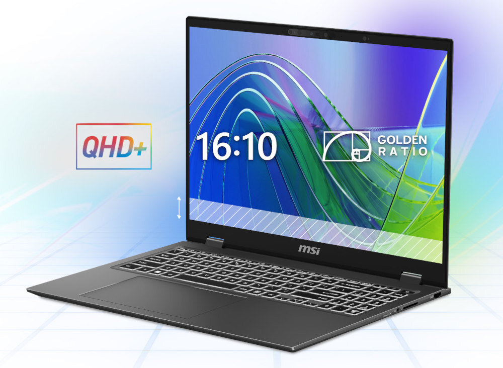 Otwarty Laptop MSI Prestige 16 AI Studio z ekranem QHD+ i formacie 16:10. rozdzielczość format kolory jasność czujnik jasności otoczenia