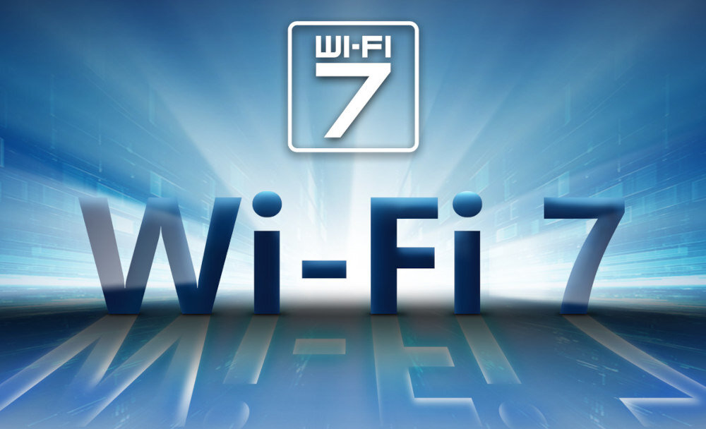 Logo Wi-Fi 7, przedstawiające standard łączności bezprzewodowej. łączność Wi-Fi 7 przepustowość opóźnienia Internet sieć