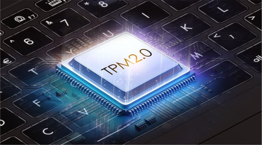 Grafika przedstawiająca chip TPM 2.0 na tle klawiatury laptopa – symbol sprzętowego modułu bezpieczeństwa w MSI Prestige 14 AI Studio. - Trusted Platform Module (TPM)