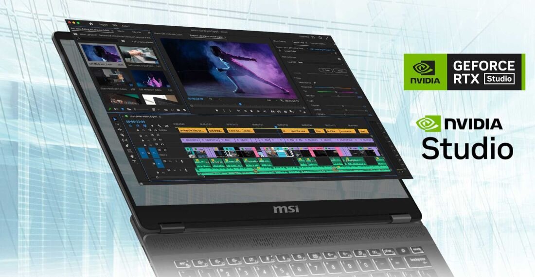 Laptop MSI Prestige 14 AI Studio z wyświetlaczem prezentującym program do montażu wideo, logo NVIDIA GeForce RTX Studio i NVIDIA Studio, tło z motywem technologicznym. - NVIDIA GeForce RTX i NVIDIA Studio