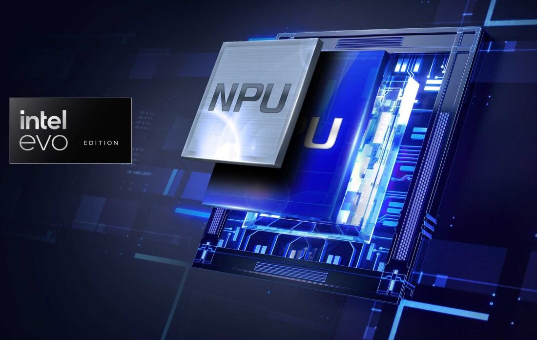 Grafika procesora Intel Core Ultra z napisem NPU, logo Intel Evo Edition, niebieskie tło z motywem cyfrowym. - NPU Intel Evo Intel Core Ultra