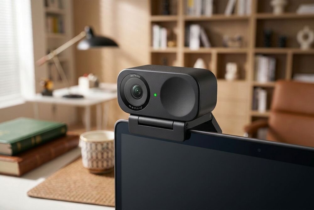 insta360 Link 2C kamera internetowa z widocznym obiektywem i diodą LED, zamontowana na górnej krawędzi monitora.
