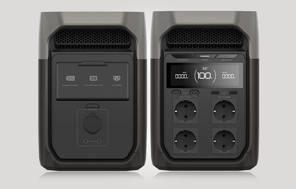 Przenośna stacja zasilania EcoFlow DELTA 3, Przenośna stacja zasilania, Stacja pokazana od frontu i od końca stojąc pionowo