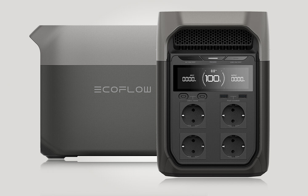 Przenośna stacja zasilania EcoFlow DELTA 3, Funkcja UPS w pogotowiu, Stacja na pierwszym planie pokazana od frontu, na drugim planie od boku