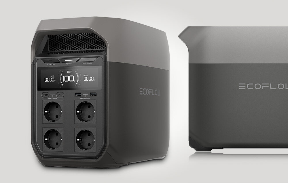 Przenośna stacja zasilania EcoFlow DELTA 3, Aplikacja EcoFlow, Stacja pokazana od frontu prawo skos, oraz na drugim planie od boku