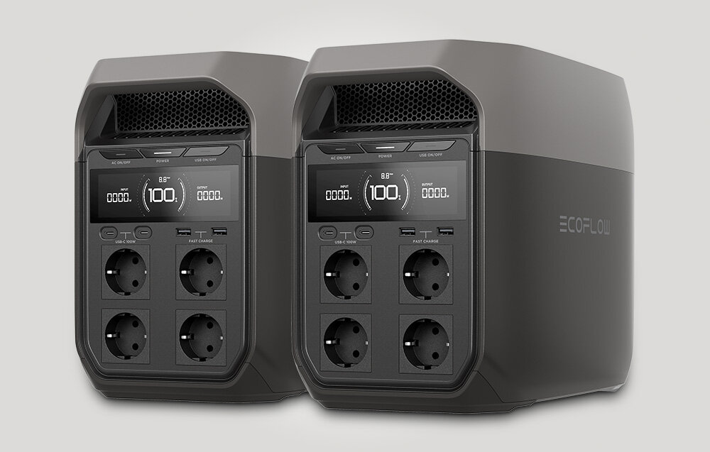 Przenośna stacja zasilania EcoFlow DELTA 3, Pojemność z opcją rozbudowy, Dwie stajce pokazane od tylniej strony w pionie, widok prawo skos